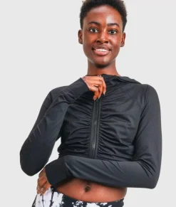 Nayked Apparel Athleisure>Ruched Front Cropped Hoodie Jacket/Discontinued Black
