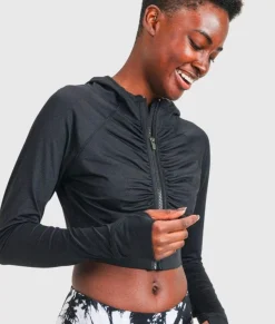 Nayked Apparel Athleisure>Ruched Front Cropped Hoodie Jacket/Discontinued Black
