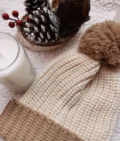 Nayked Apparel Accessories>Soft Chunky Knit Two-Tone Hat With Pom Pom And Solid Color Beanie With Pom Pom And Cuff