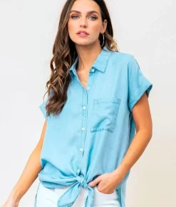 Nayked Apparel Tops>Women'S Tie Front Tencel Shirt/Discontinued Blue