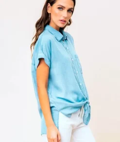 Nayked Apparel Tops>Women'S Tie Front Tencel Shirt/Discontinued Blue